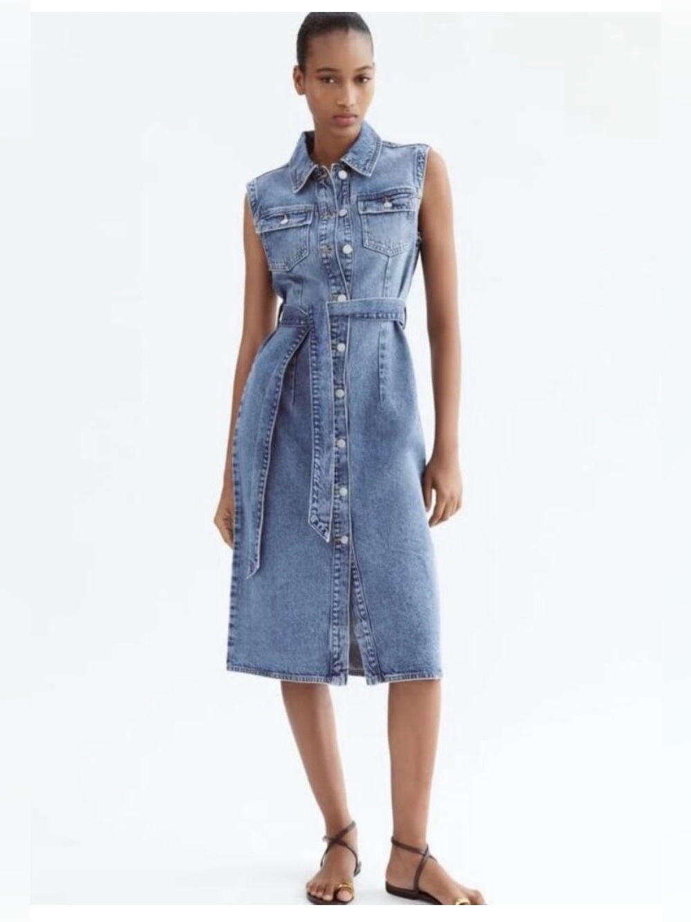 Zara Sleeveless 100% Cotton Denim Belted Midi Dress Xs